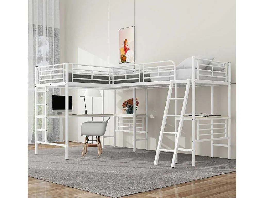 2-Zits Tussenbed - 2 X 90 X 200 Cm - Met Hoekbureau En Ladders - Metaal - Wit-Vente-unique Hot