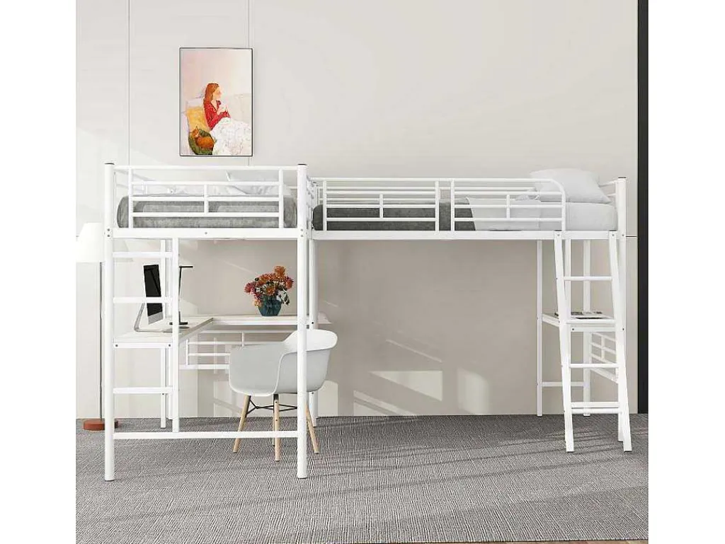 2-Zits Tussenbed - 2 X 90 X 200 Cm - Met Hoekbureau En Ladders - Metaal - Wit-Vente-unique Hot