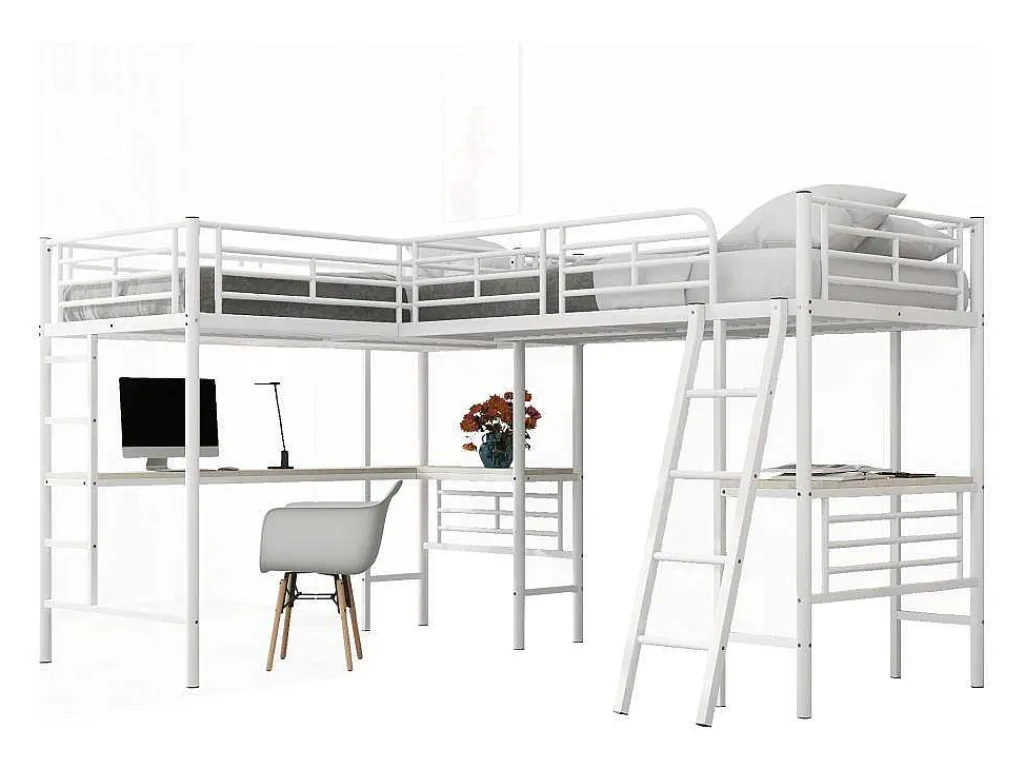 2-Zits Tussenbed - 2 X 90 X 200 Cm - Met Hoekbureau En Ladders - Metaal - Wit-Vente-unique Hot