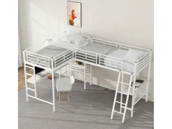 2-Zits Tussenbed - 2 X 90 X 200 Cm - Met Hoekbureau En Ladders - Metaal - Wit-Vente-unique Hot