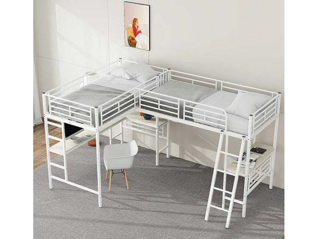 2-Zits Tussenbed - 2 X 90 X 200 Cm - Met Hoekbureau En Ladders - Metaal - Wit-Vente-unique Hot