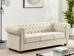 3-Zitsbank Van Beige Stof Chesterfield-Vente-unique Clearance