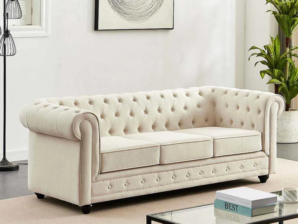 3-Zitsbank Van Beige Stof Chesterfield-Vente-unique Clearance