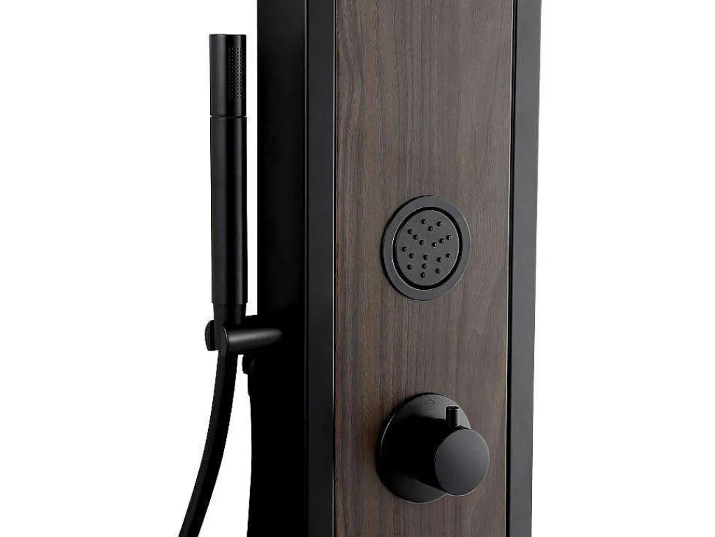 Zwarte Douchekolom Met Massagestralen Met Houten Decoratie - H127 X L48,5 Cm - Ubala-Shower & Design Hot