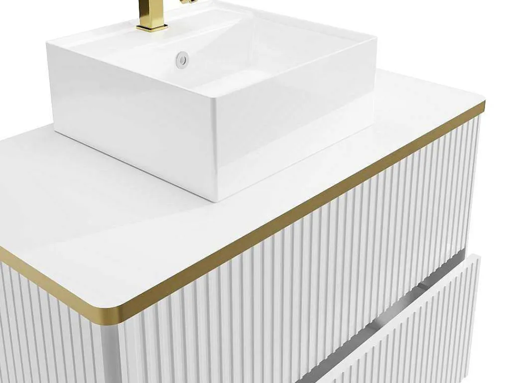 Zwevend, Geribbeld Badkamermeubel Met Goudkleurige Randen En Opzetwastafel - Wit - 80 Cm - Keliza-Vente-unique Online