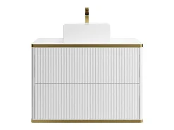 Zwevend, Geribbeld Badkamermeubel Met Goudkleurige Randen En Opzetwastafel - Wit - 80 Cm - Keliza-Vente-unique Online